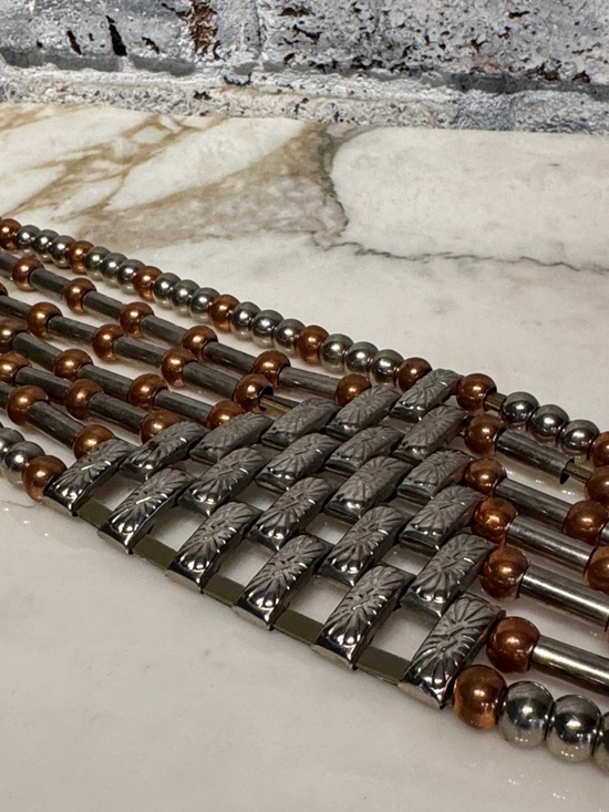 Beaded Waist Belt with Leather and Metallic Accent